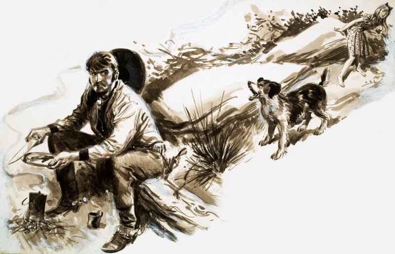 Egy kutya ugat egy ételt evő cowboyra alkotó: English School