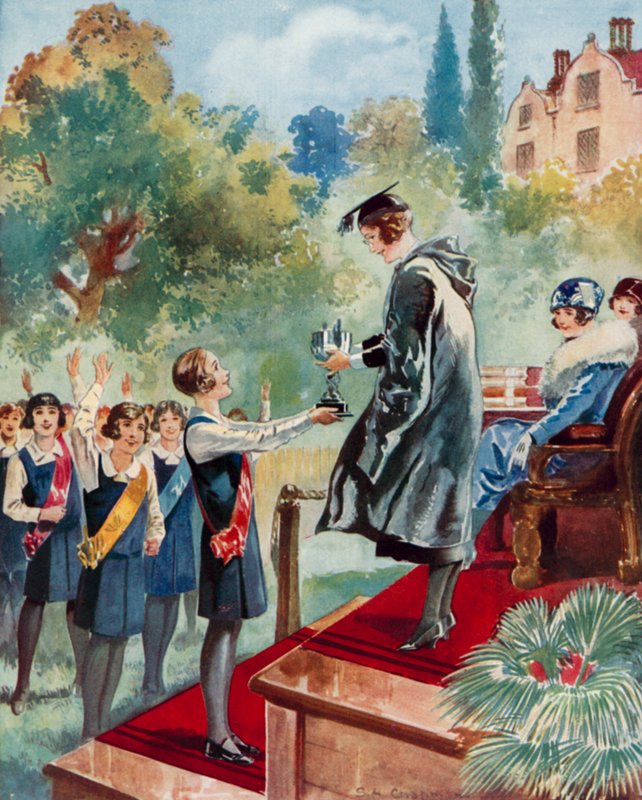 A negyedik osztály diadala: egy diáklánynak átadják a trófeát (színes litográfia) alkotó: English School