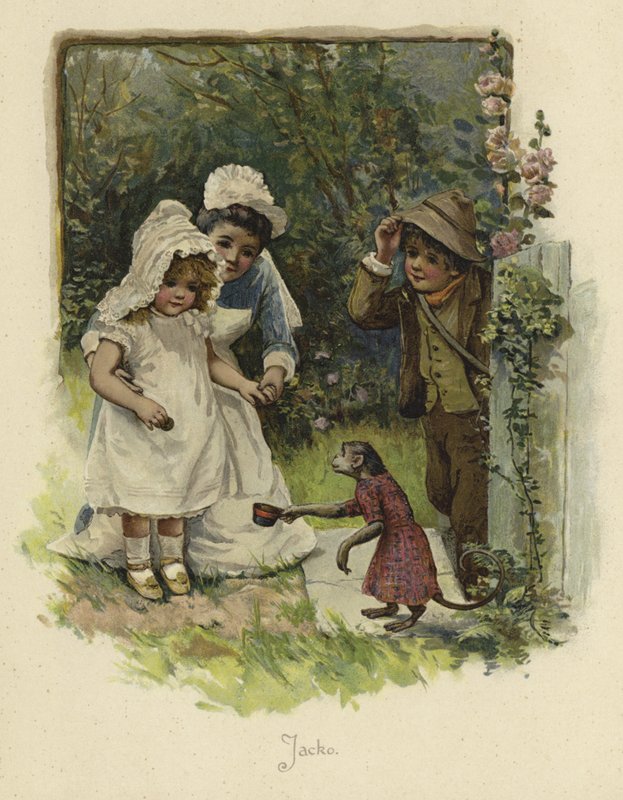 Egy szobalány térdel két kisgyermek mellett, mint egy ruhás majom, és csészét tart alkotó: English School