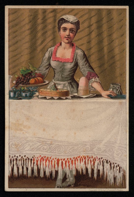Egy szobalány vagy szolgáló lány asztalt terít étellel, üdvözlőlap. (chromolitho) alkotó: English School