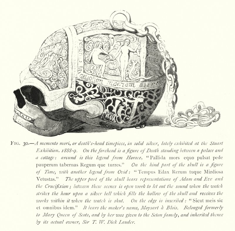 Egy memento mori, vagyis halálfejes óra, tömör ezüstben, a közelmúltban a Stuart-kiállításon alkotó: English School