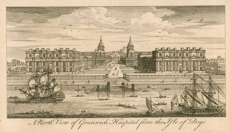 A londoni Greenwich Kórház északi képe a Kutyaszigetről alkotó: English School