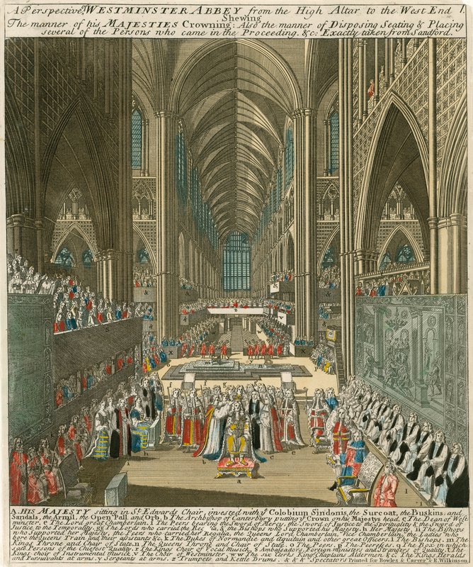 A Westminster Abbey perspektívája a főoltártól a West Endig, II. Jakab király koronázásakor alkotó: English School