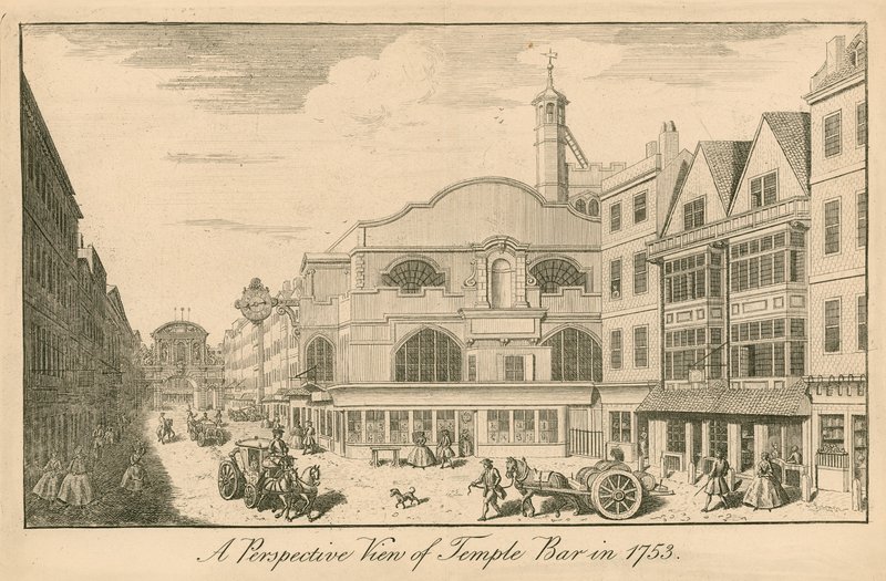 A londoni Temple Bar perspektivikus képe 1753-ban alkotó: English School