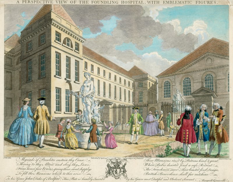 A Foundling Kórház perspektivikus képe emblematikus figurákkal alkotó: English School