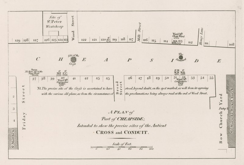 A londoni Cheapside terve, amely az ókori kereszt és vezeték pontos helyét kívánta bemutatni alkotó: English School