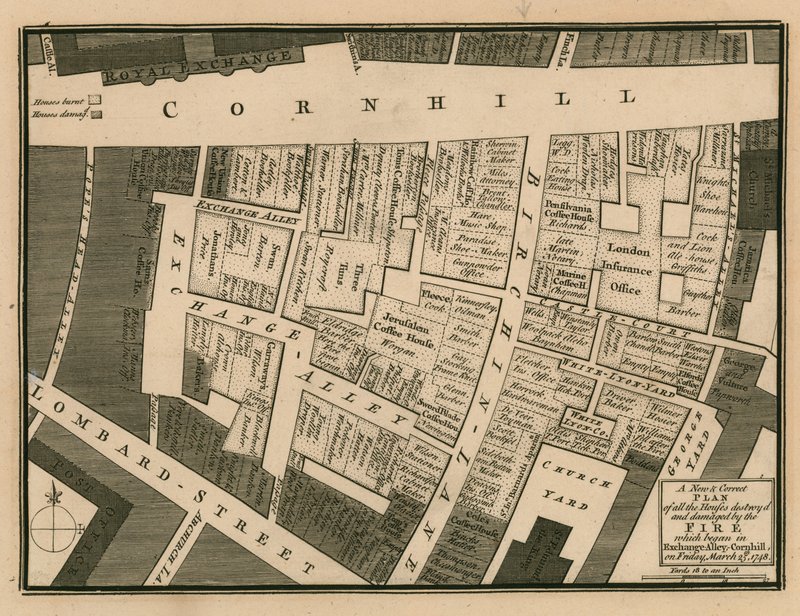 A londoni Cornhill-i Exchange sikátorban 1748. március 25-én kezdődött tűzben elpusztult házak terve. alkotó: English School