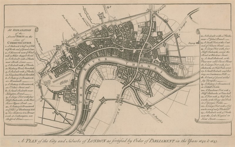 London városának és külvárosainak terve, amelyet az 1642-es és 1643-as parlamenti rendelet megerősített. alkotó: English School