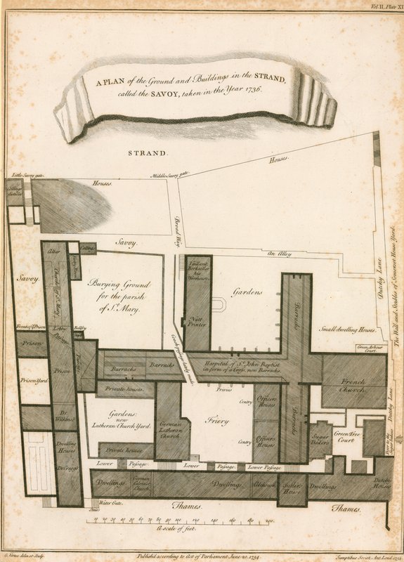 1736-ban készült a Savoyának nevezett Strand alaprajza és épületei alkotó: English School