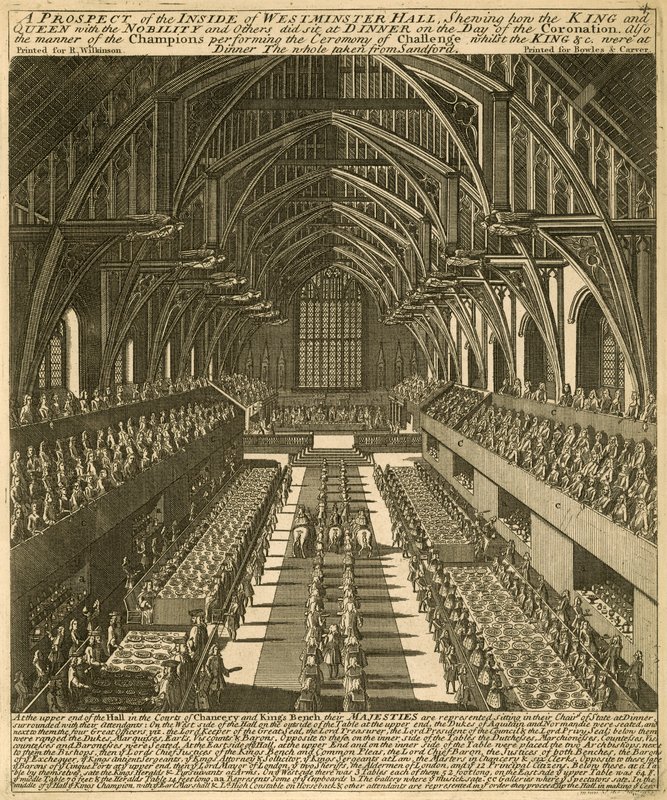 Kitekintés a Westminster Hall belsejéből, amely bemutatja, hogyan ült a király és a királynő a nemességgel és másokkal együtt vacsorázni a koronázás napján alkotó: English School