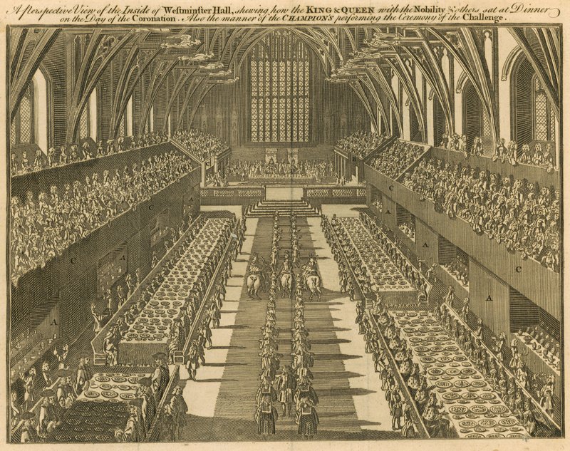 Kitekintés a Westminster Hall belsejéből, amely bemutatja, hogyan ült a király és a királynő a nemességgel és másokkal együtt vacsorázni a koronázás napján alkotó: English School