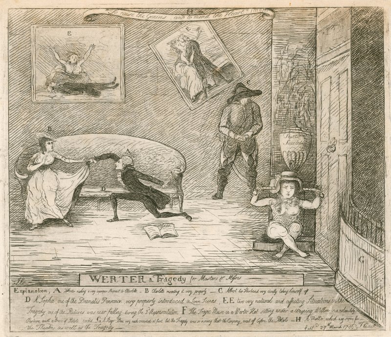 Egy jelenet F Reynoldss burleszk Werterből, amelyet először a londoni Covent Garden Színházban mutattak be 1786. március 14-én. alkotó: English School