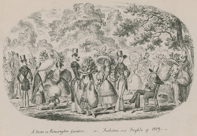 Jelenet a Kensington Gardensben vagy az 1829-es divatok és félelmek című filmben alkotó: English School