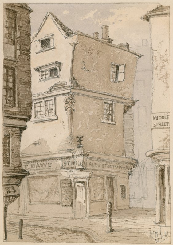 Utcasarok a Cloth Fairben, Smithfield, London, akvarell vázlat, 1881 (wc papíron) alkotó: English School