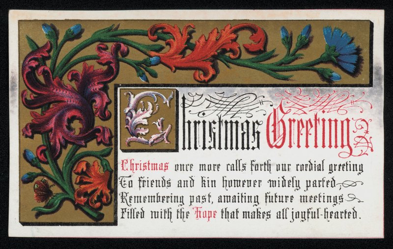 Egy vers virágos tekercs mintával, karácsonyi üdvözlőlap. (chromolitho) alkotó: English School