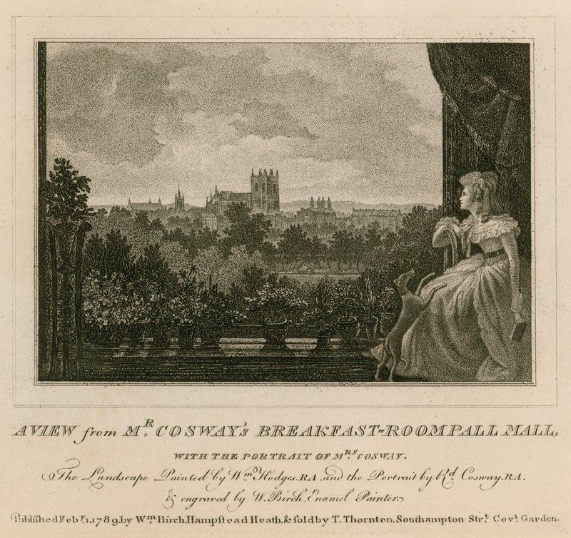 Kilátás Mrs. Cosways reggelizőterméből, a Pall Mallból, Mrs. Cosway portréjával alkotó: English School