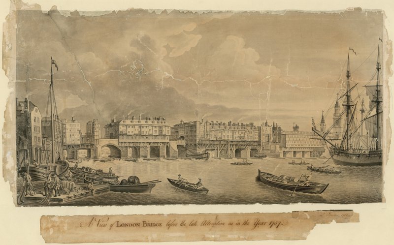 A London Bridge kilátása a késői átalakítás előtt, mint 1757-ben alkotó: English School