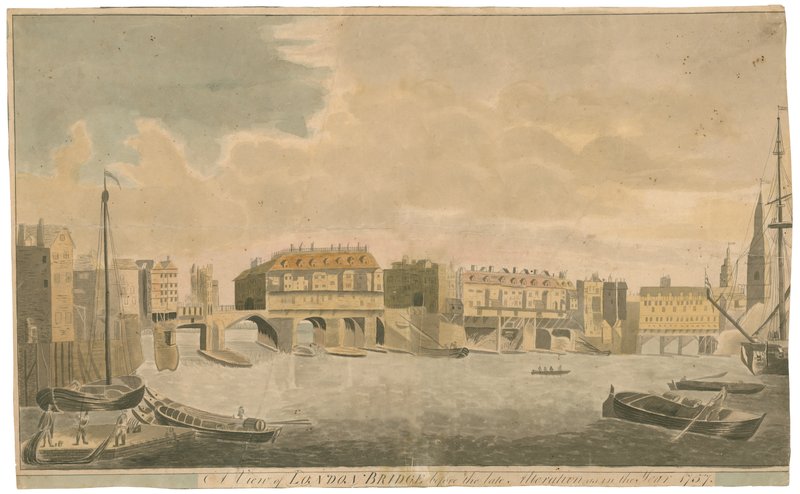 Kilátás az Old London Bridge-re átalakítások előtt, mint 1757-ben alkotó: English School