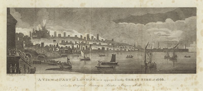London egy részének képe, ahogyan az 1666-os nagy tűzvészben megjelent alkotó: English School