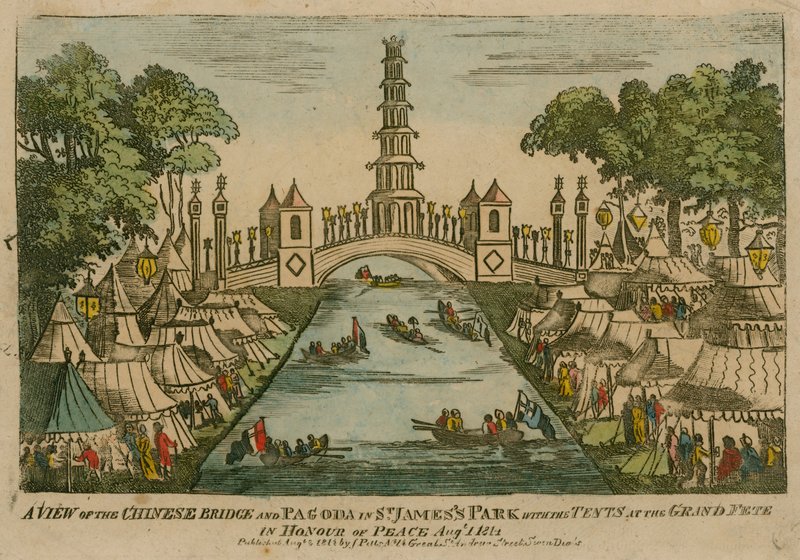 Kilátás a kínai hídra és a Szent Jakab parkban lévő pagodára a sátrakkal a Nagy Ünnepségen a béke tiszteletére, 1814. augusztus 1. alkotó: English School