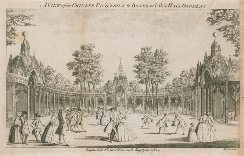 Kilátás a londoni Vauxhall Gardens kínai pavilonjaira és dobozaira alkotó: English School