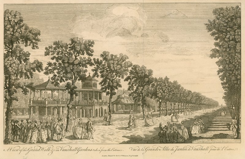 Kilátás a londoni Vauxhall Gardens Grand Walkra, a bejárattól alkotó: English School