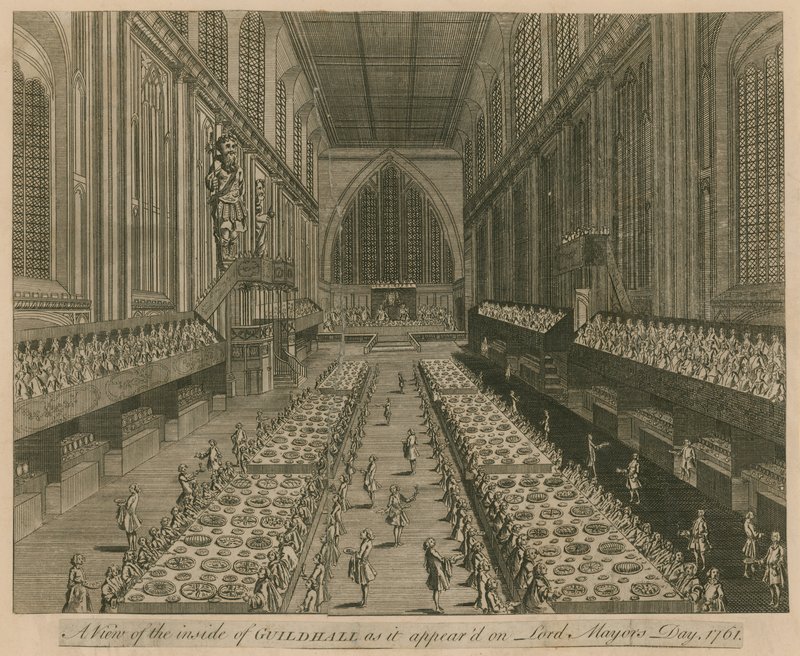 A londoni Guildhall képe, ahogyan az 1761-ben, Lord Mayors Day-én jelent meg alkotó: English School