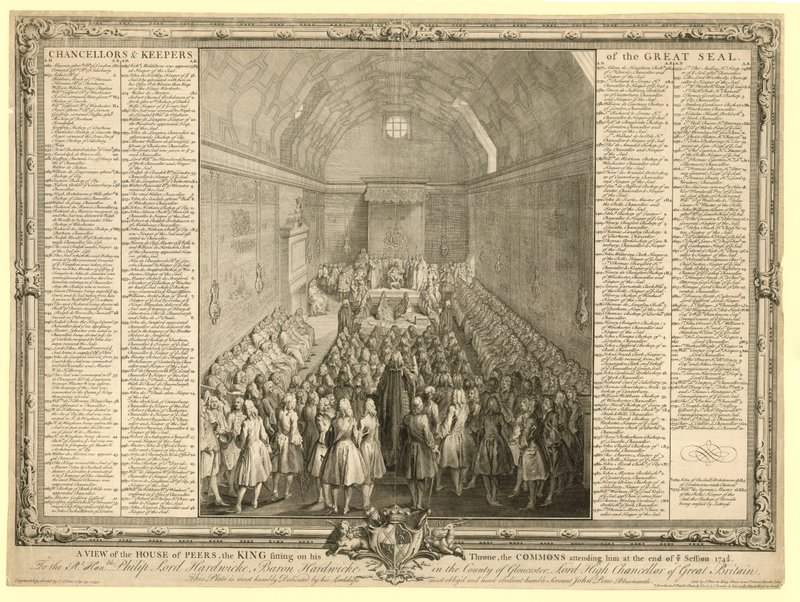 Kilátás a Peers-házról, a királyról a trónján ülve, a Commonsról, aki részt vesz az ülés végén 17412 alkotó: English School