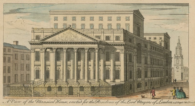 Kilátás a Mansion House-ra, amelyet a londoni polgármesterek rezidenciája számára emeltek alkotó: English School