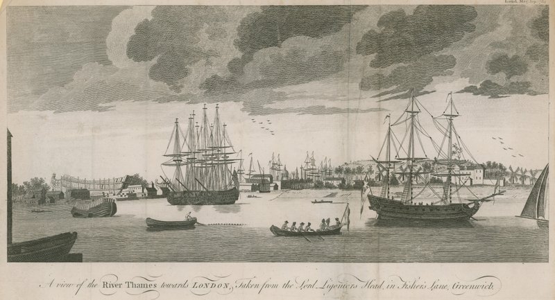 Kilátás a Temze folyóra London felé, a Lord Ligoniers Headről a Fishers Lane-ben, Greenwichben alkotó: English School