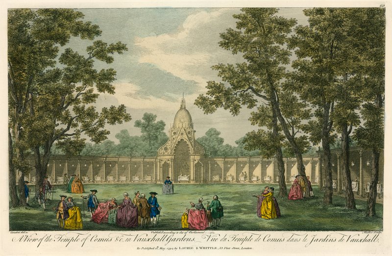 Kilátás a Comus-templomra a Vauxhall Gardensben, Londonban alkotó: English School