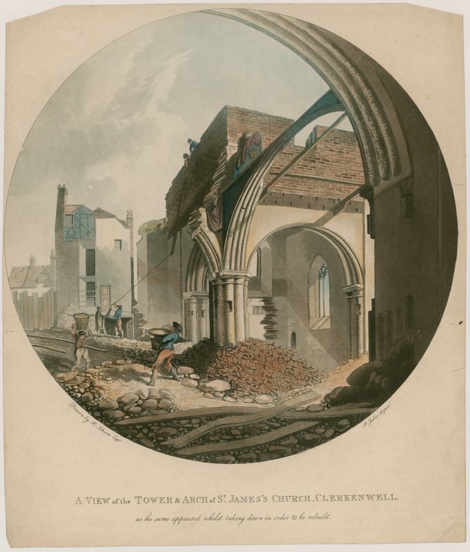 Kilátás a toronyra és a Szent Jakab-templom boltívére, Clerkenwell alkotó: English School