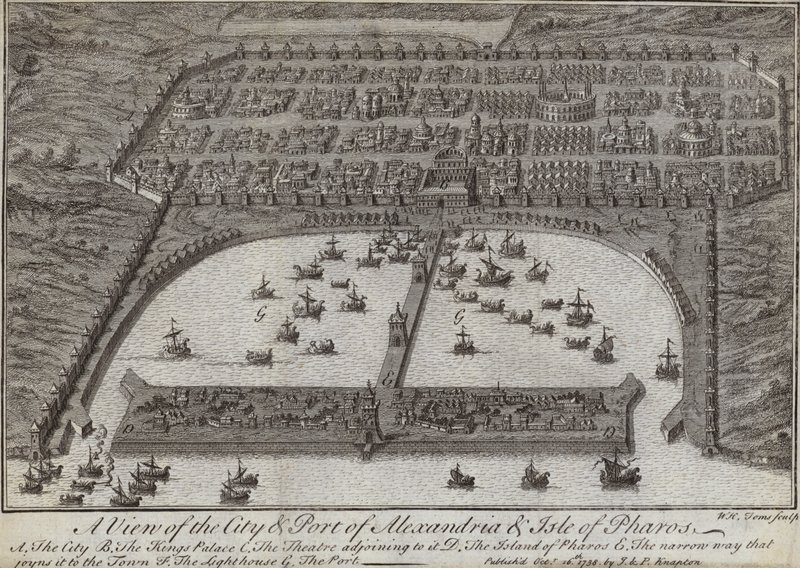 Kilátás Alexandria városára és kikötőjére, valamint Pharos szigetére, Egyiptom, 1738 alkotó: English School