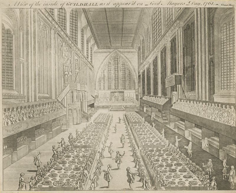 A Guildhall belsejének képe, ahogyan az 1761-es polgármesterek napján megjelent alkotó: English School