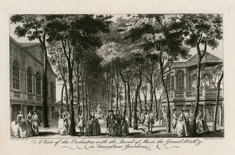 Kilátás a zenekarra a zenekarral, a Grand Walk-ra stb. a Marylebone Gardens-ben alkotó: English School