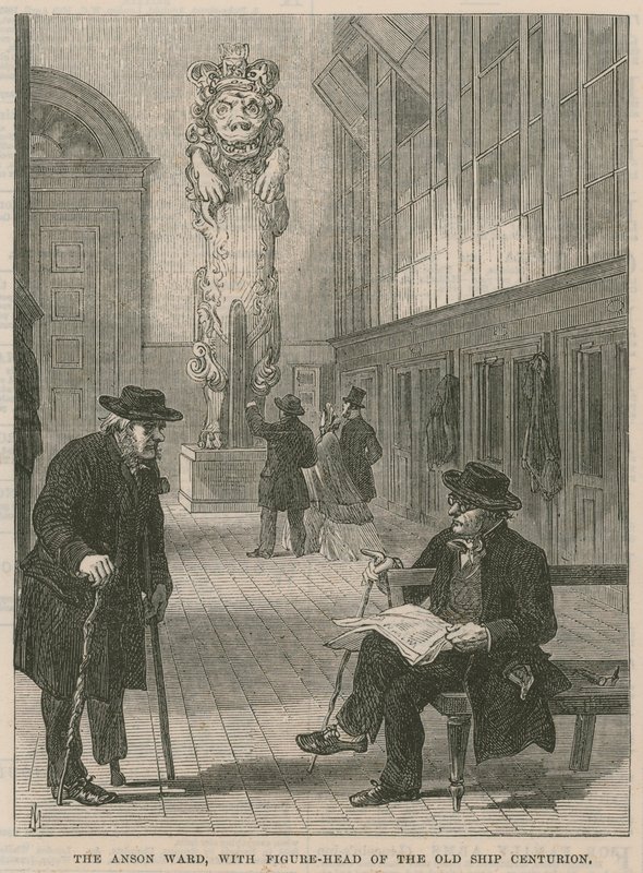 Látogatás a Greenwich Kórházban; Az Anson Ward, a régi Centurion hajó figurájával alkotó: English School