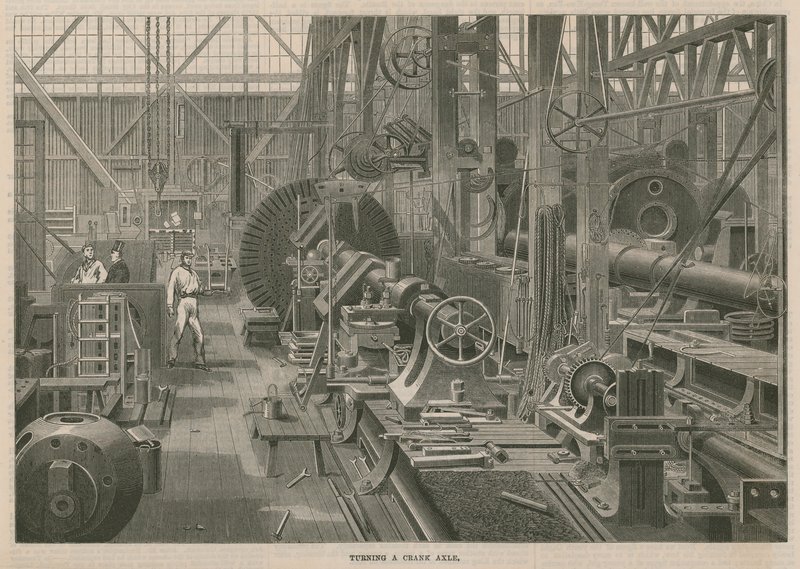 Látogatás a Penns Marine Engine Factory-ban, Greenwichben, Londonban; Forgattyús tengely forgatása alkotó: English School