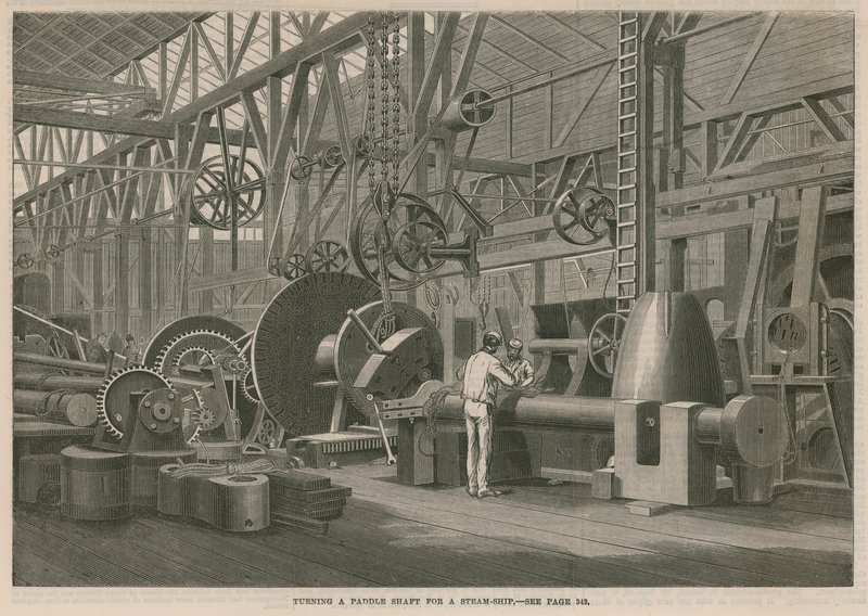 Látogatás a Penns Marine Engine Factory-ban, Greenwichben, Londonban; Lapáttengely forgatása gőzhajóhoz alkotó: English School