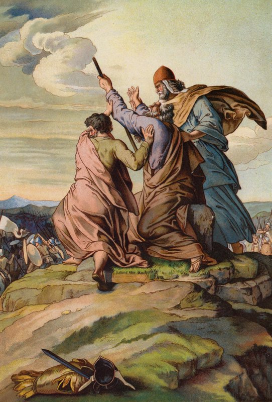 Áron és Húr feltartják Mózes kezét, miközben Józsué és az izraeliták legyőzik az amálekitákat (chromolitho) alkotó: English School