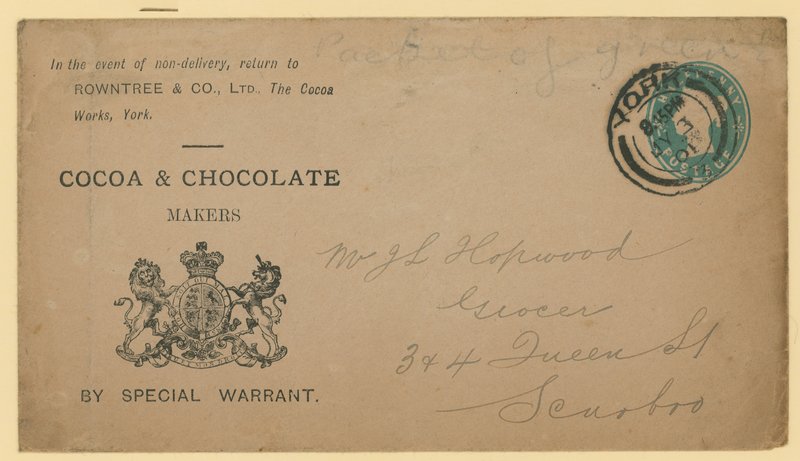 Címcímke a Rowntree & Co-tól, The Cocoa Works, York alkotó: English School