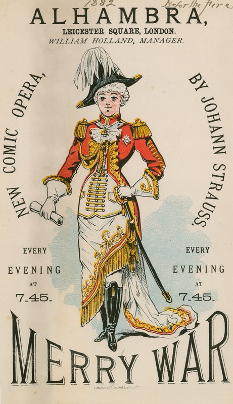 A The Alhambra, Leicester Square, London, Johann Strauss új komikus operájának, a Merry Warnak reklámja alkotó: English School