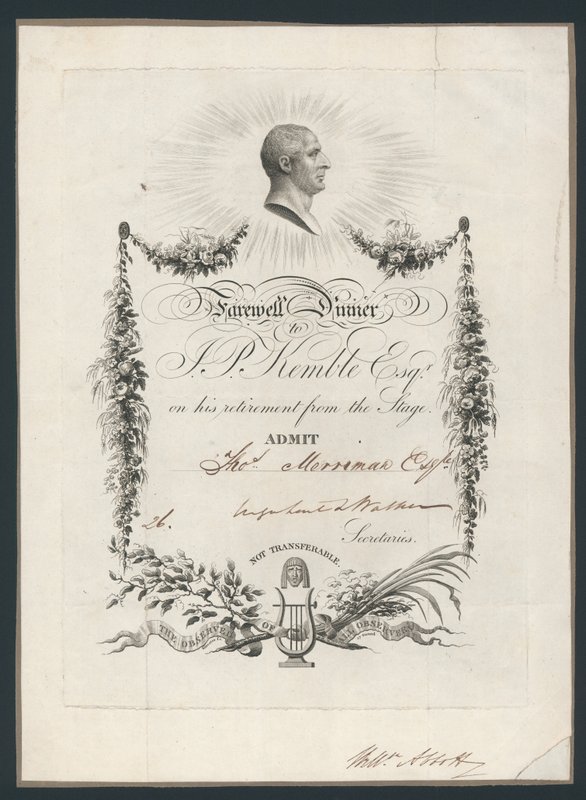 Belépőjegy vacsorára, John Kembles búcsúja alkalmából, 1819 alkotó: English School