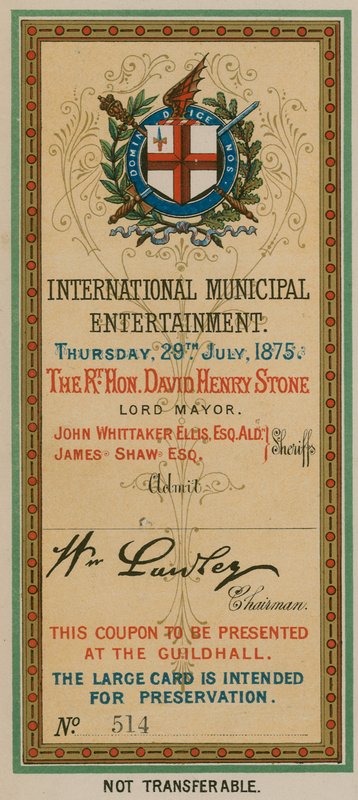 Belépőjegy az International Municipal Entertainment rendezvényre a londoni Guildhallban, 1875. július 29-én alkotó: English School