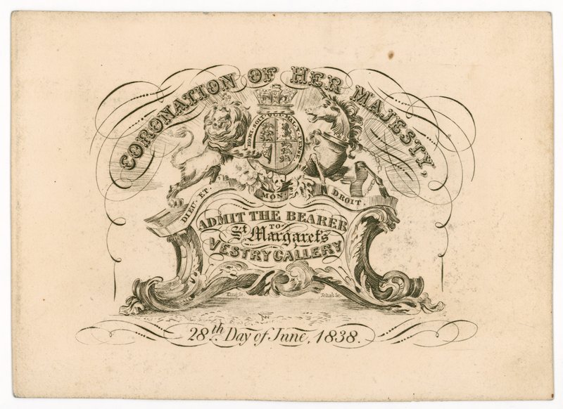 Belépőjegy a St Margarets Vestry Galériába, Viktória királynő koronázására, 1838. június 28., elöl alkotó: English School