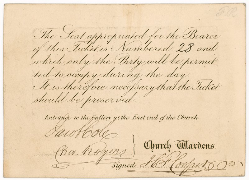 Belépőjegy a St Margarets Vestry Galériába, Viktória királynő koronázására, 1838. június 28., hátoldal alkotó: English School