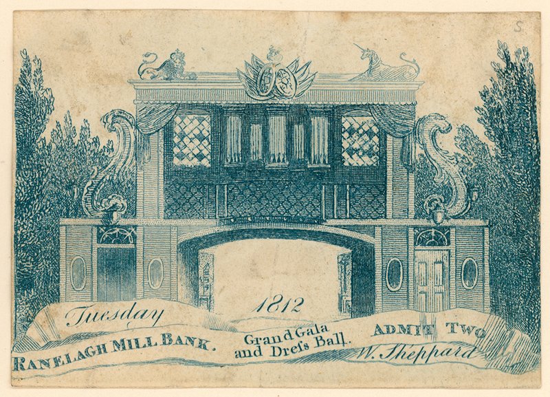 Belépőjegy egy nagyszabású gálára és ruhabálra a Ranelagh Gardensben, Millbank, London. 1812 alkotó: English School