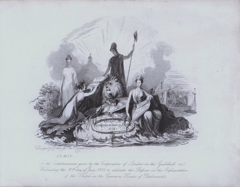 Belépőjegy a Guildhall szórakoztatására, amelyet a londoni City Corporation biztosít az 1832-es Nagy Reformtörvény Alsóház általi elfogadásának megünneplésére (rézkarc) alkotó: English School