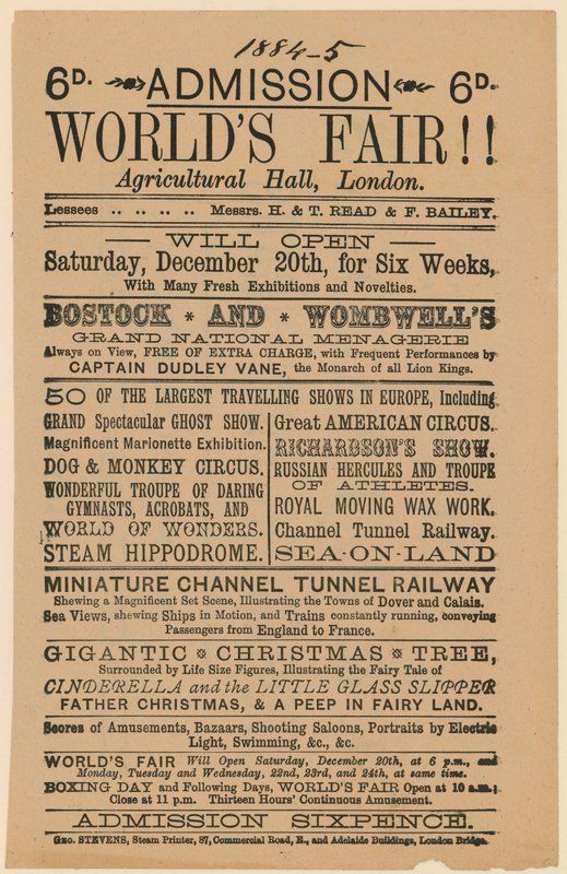 Belépő a világkiállításra, Agricultural Hall, Islington, 188485 alkotó: English School