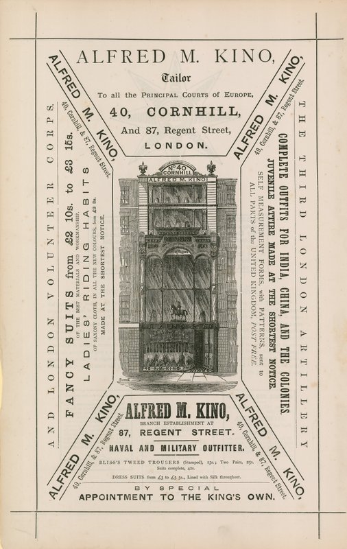 Alfred M Kino, szabó, 40 Cornhill és 87 Regent Street, London hirdetése alkotó: English School