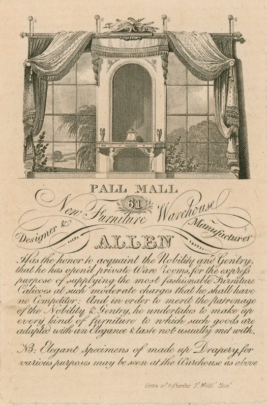 Allens új bútorraktár hirdetése, 61 Pall Mall, London alkotó: English School